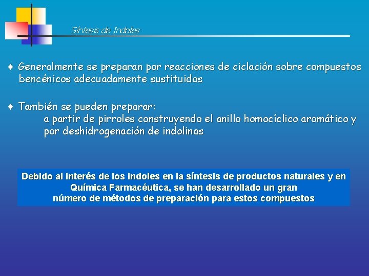 Síntesis de Indoles Generalmente se preparan por reacciones de ciclación sobre compuestos bencénicos adecuadamente