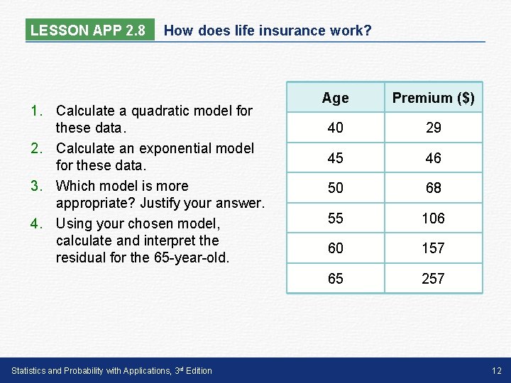 LESSON APP 2. 8 How does life insurance work? 1. Calculate a quadratic model