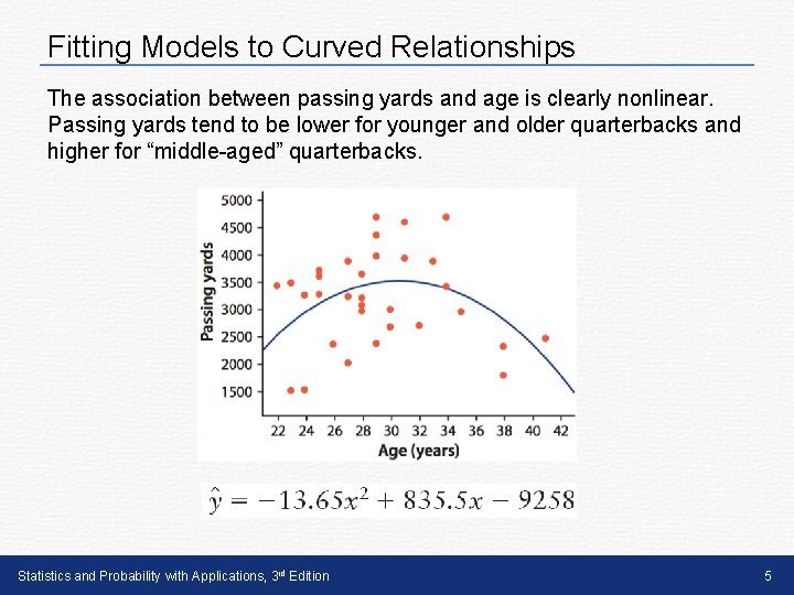 Fitting Models to Curved Relationships The association between passing yards and age is clearly