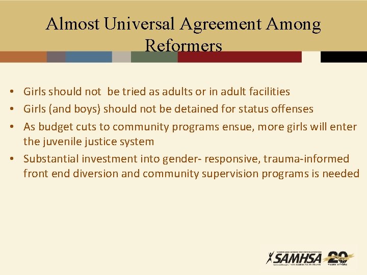 Almost Universal Agreement Among Reformers • Girls should not be tried as adults or