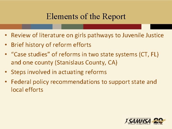 Elements of the Report • Review of literature on girls pathways to Juvenile Justice