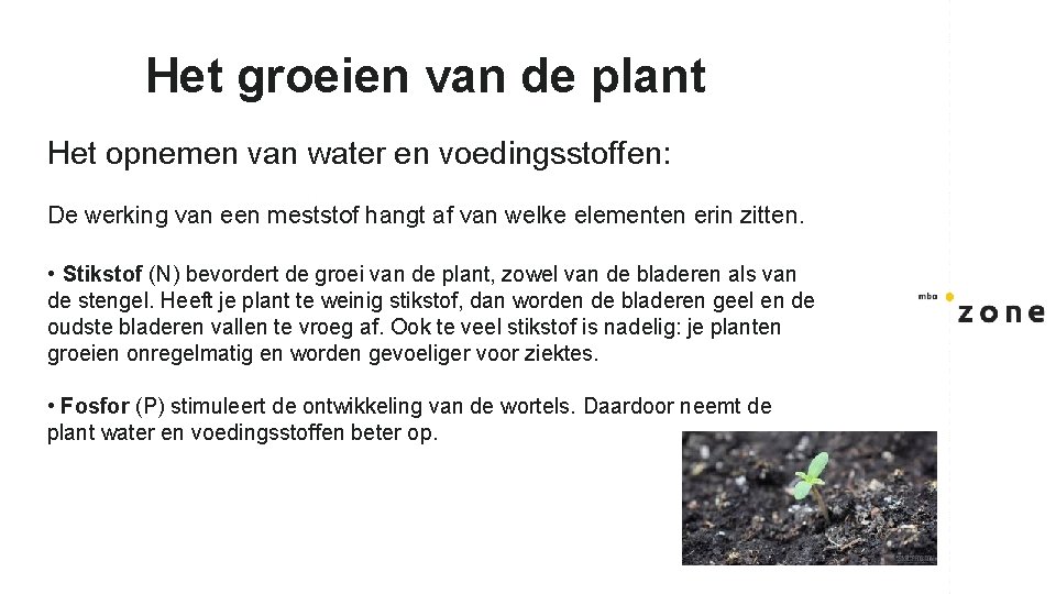 Het groeien van de plant Het opnemen van water en voedingsstoffen: De werking van