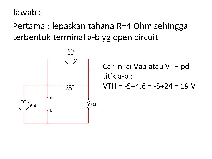 Jawab : Pertama : lepaskan tahana R=4 Ohm sehingga terbentuk terminal a-b yg open