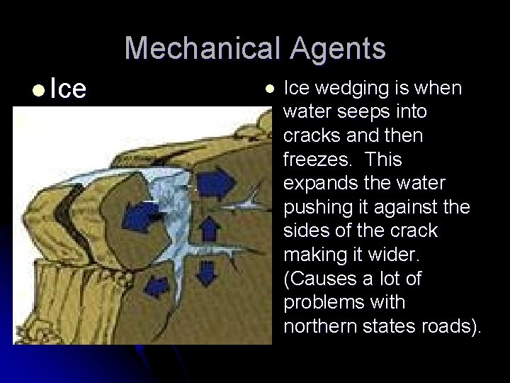 Mechanical Agents l Ice wedging is when water seeps into cracks and then freezes.