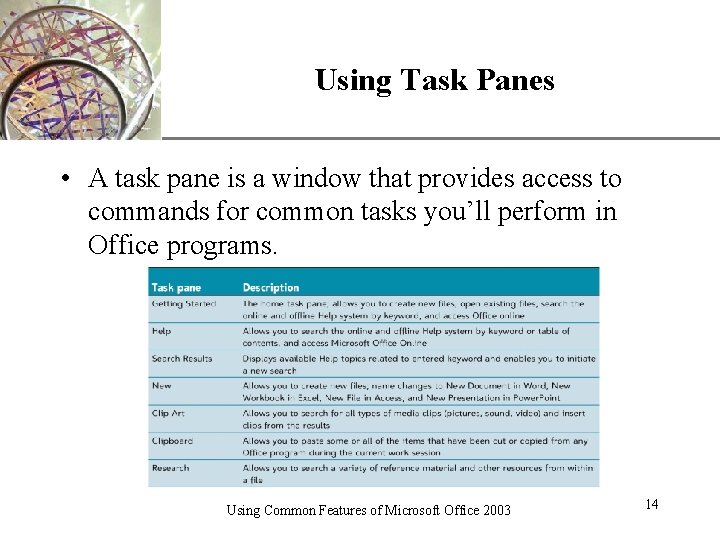 Using Task Panes XP • A task pane is a window that provides access