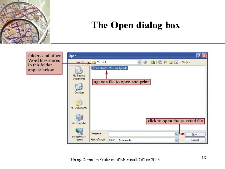 The Open dialog box Using Common Features of Microsoft Office 2003 XP 18 