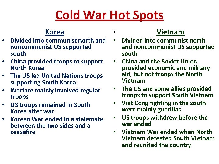 Cold War Hot Spots Korea • Divided into communist north and noncommunist US supported