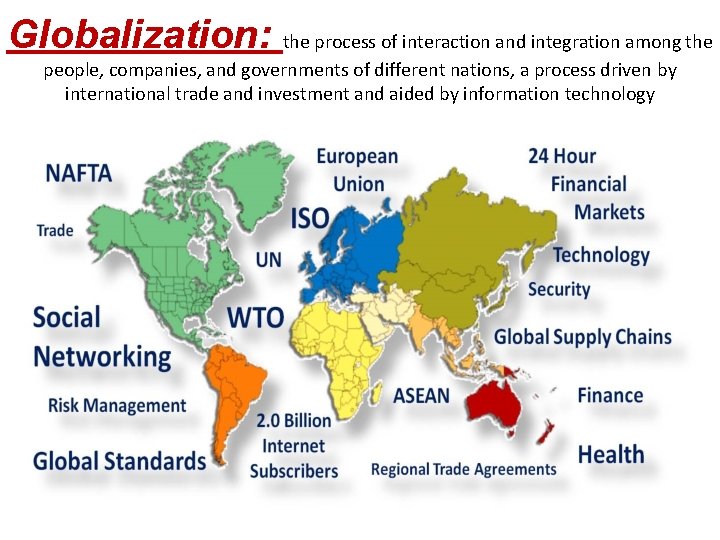 Globalization: the process of interaction and integration among the people, companies, and governments of