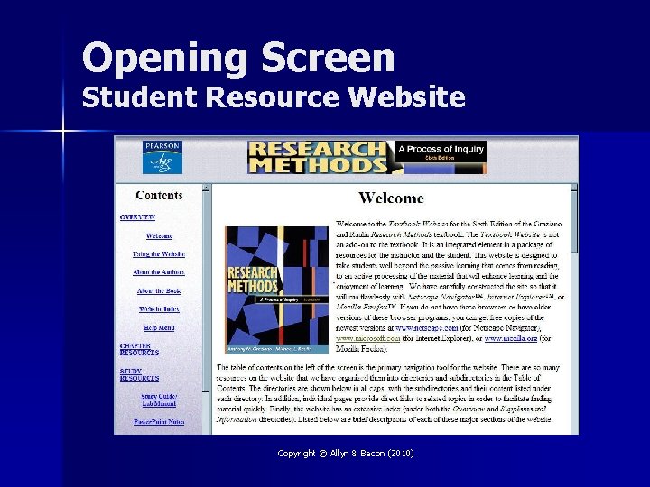 Opening Screen Student Resource Website Copyright © Allyn & Bacon (2010) 