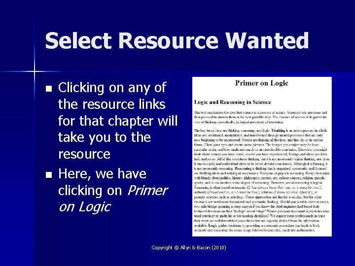 Select Resource Wanted n n Clicking on any of the resource links for that