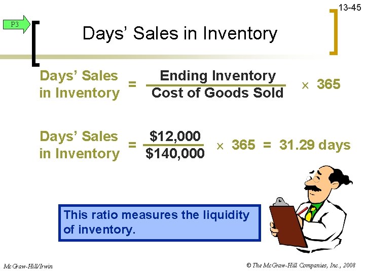 13 -45 P 3 Days’ Sales in Inventory Days’ Sales = in Inventory Ending