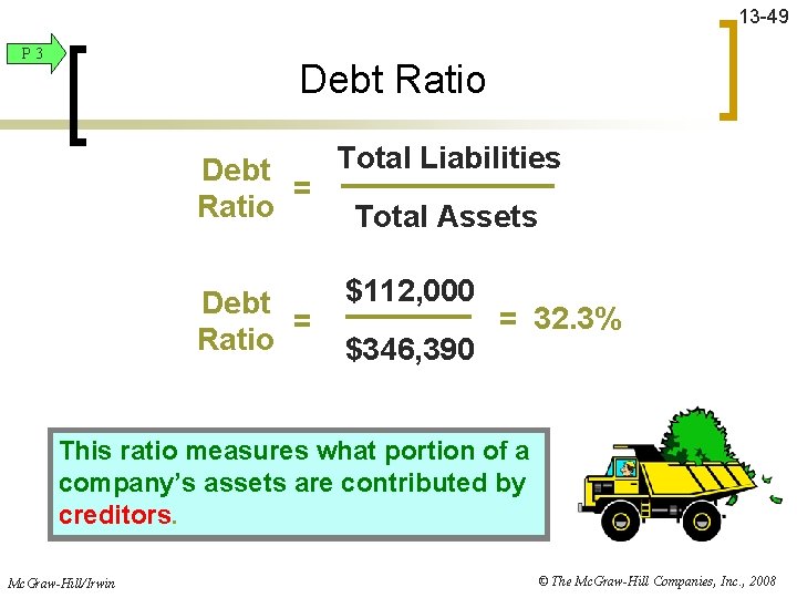 13 -49 P 3 Debt Ratio Total Liabilities Debt = Ratio Total Assets Debt