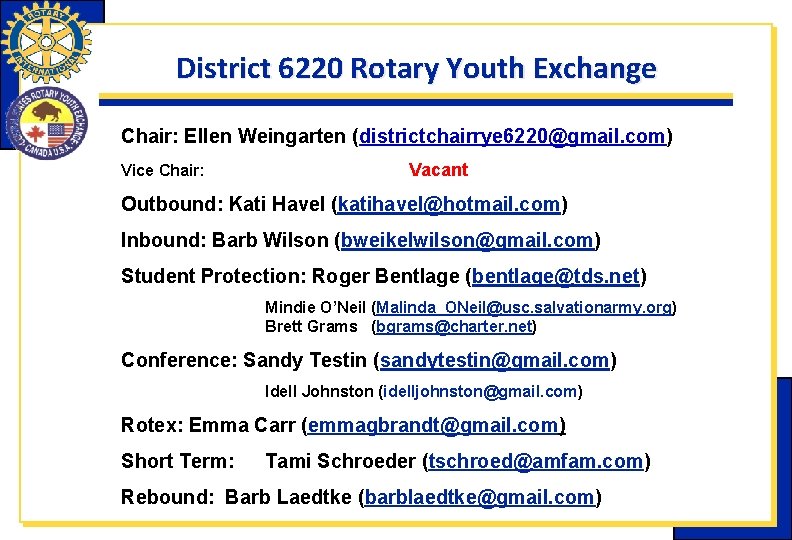 District 6220 Rotary Youth Exchange Chair: Ellen Weingarten (districtchairrye 6220@gmail. com) Vice Chair: Vacant District 6220 Rotary Youth Exchange Chair: Ellen Weingarten (districtchairrye 6220@gmail. com) Vice Chair: Vacant