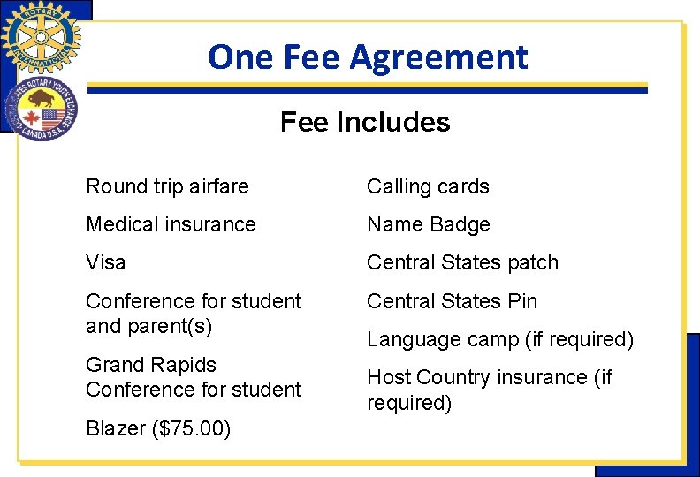 One Fee Agreement Fee Includes Round trip airfare Calling cards Medical insurance Name Badge One Fee Agreement Fee Includes Round trip airfare Calling cards Medical insurance Name Badge