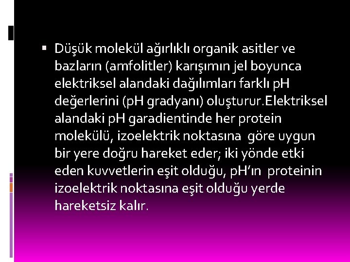  Düşük molekül ağırlıklı organik asitler ve bazların (amfolitler) karışımın jel boyunca elektriksel alandaki