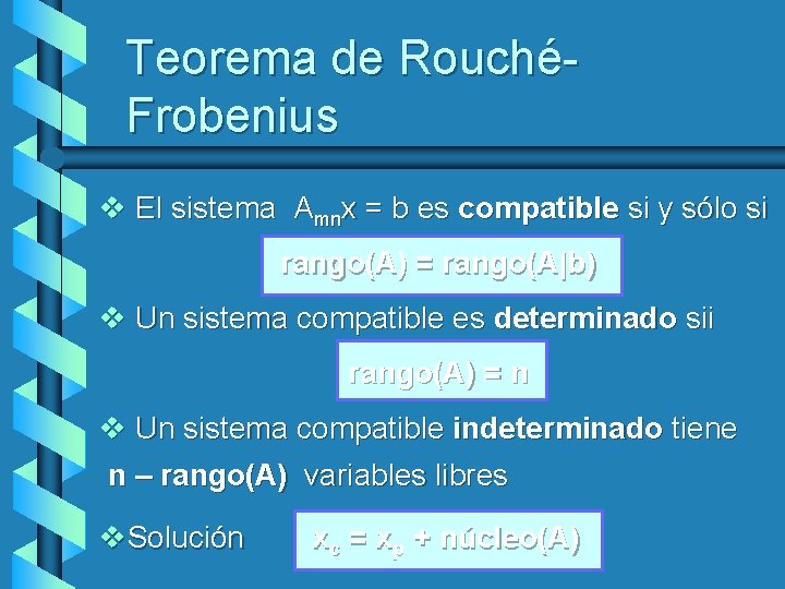 Teorema de RouchéFrobenius v El sistema Amnx = b es compatible si y sólo