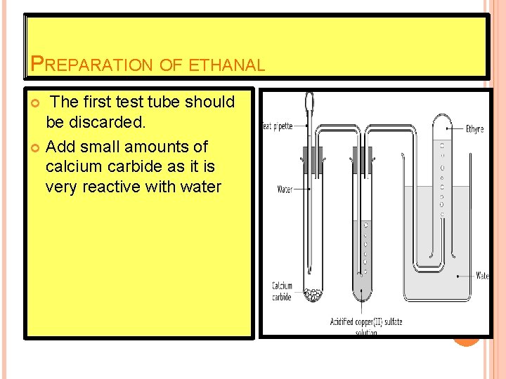 PREPARATION OF ETHANAL The first test tube should be discarded. Add small amounts of
