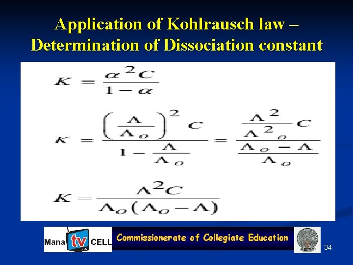 Application of Kohlrausch law – Determination of Dissociation constant Commissionerate of Collegiate Education 34