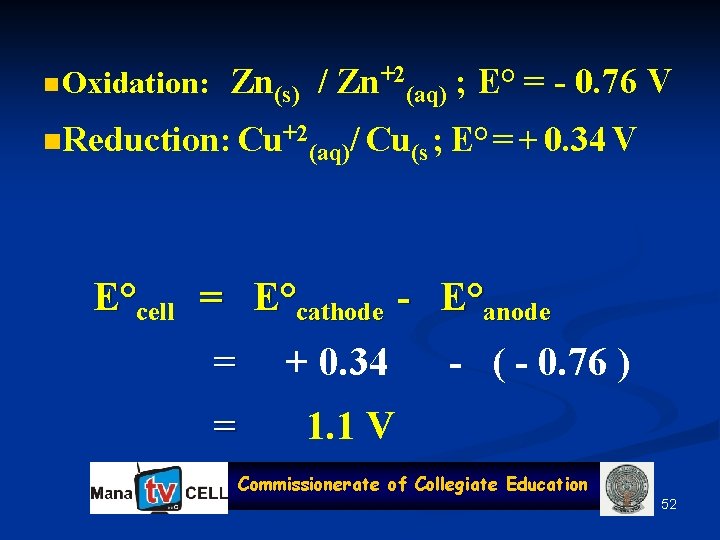 n Oxidation: Zn(s) / Zn+2(aq) ; E° = - 0. 76 V n. Reduction: