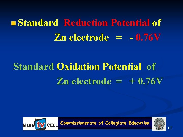 n Standard Reduction Potential of Zn electrode = - 0. 76 V Standard Oxidation