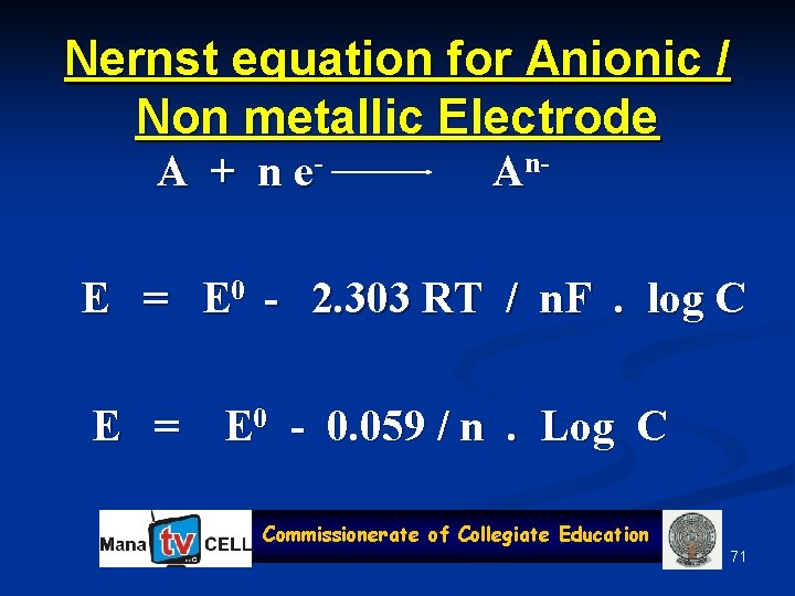 Nernst equation for Anionic / Non metallic Electrode A + n e- An- E