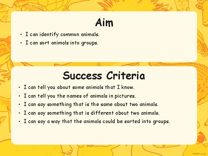 Aim • I can identify common animals. • I can sort animals into groups.