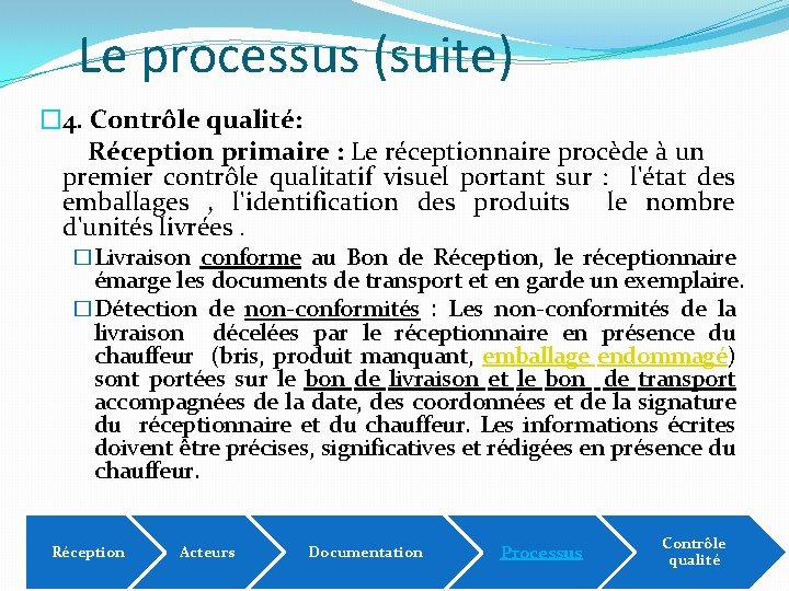 Le processus (suite) � 4. Contrôle qualité: Réception primaire : Le réceptionnaire procède à