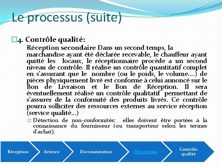 Le processus (suite) � 4. Contrôle qualité: Réception secondaire Dans un second temps, la