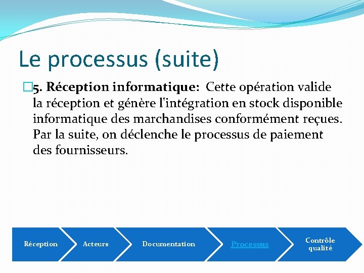 Le processus (suite) � 5. Réception informatique: Cette opération valide la réception et génère