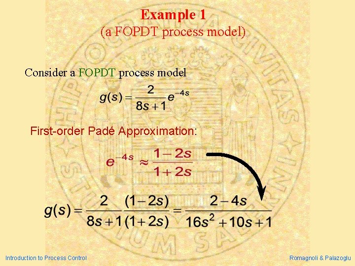 Example 1 (a FOPDT process model) Consider a FOPDT process model First-order Padé Approximation: Example 1 (a FOPDT process model) Consider a FOPDT process model First-order Padé Approximation:
