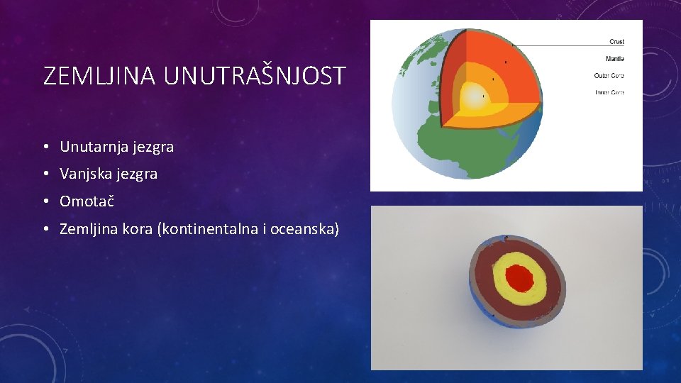 ZEMLJINA UNUTRAŠNJOST • Unutarnja jezgra • Vanjska jezgra • Omotač • Zemljina kora (kontinentalna