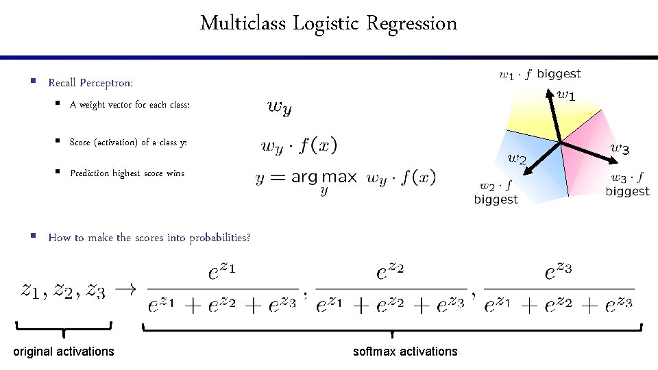 Multiclass Logistic Regression § Recall Perceptron: § A weight vector for each class: §