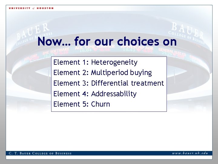Now… for our choices on Element Element 1: 2: 3: 4: 5: Heterogeneity Multiperiod