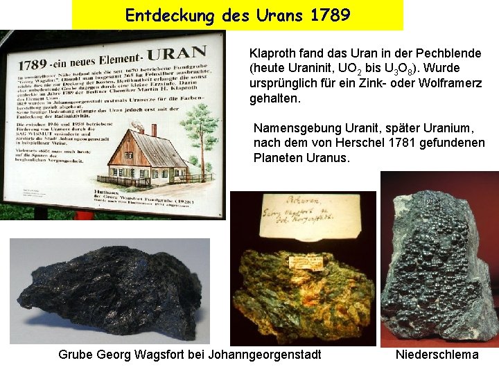 Entdeckung des Urans 1789 Klaproth fand das Uran in der Pechblende (heute Uraninit, UO