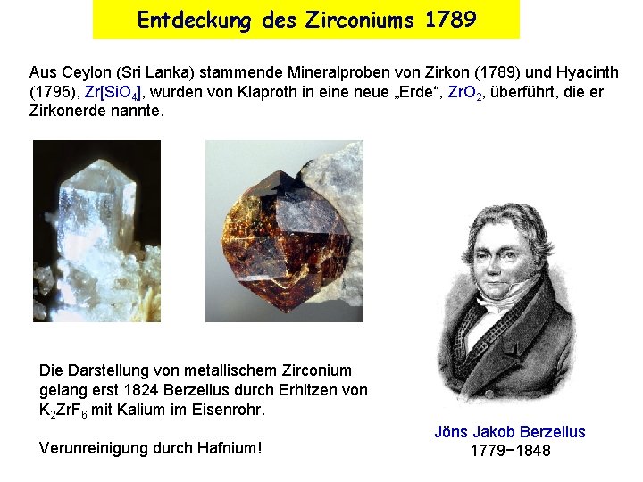 Entdeckung des Zirconiums 1789 Aus Ceylon (Sri Lanka) stammende Mineralproben von Zirkon (1789) und