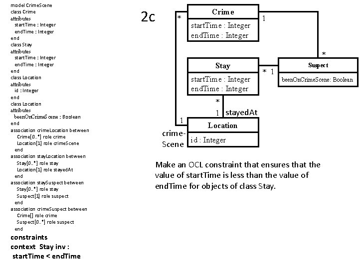 model Crime. Scene class Crime attributes start. Time : Integer end class Stay attributes