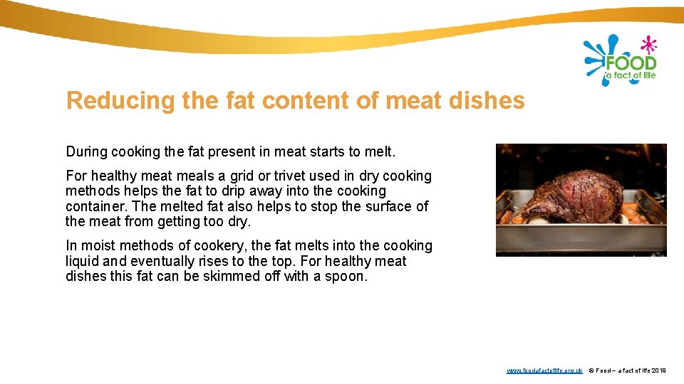 Reducing the fat content of meat dishes During cooking the fat present in meat