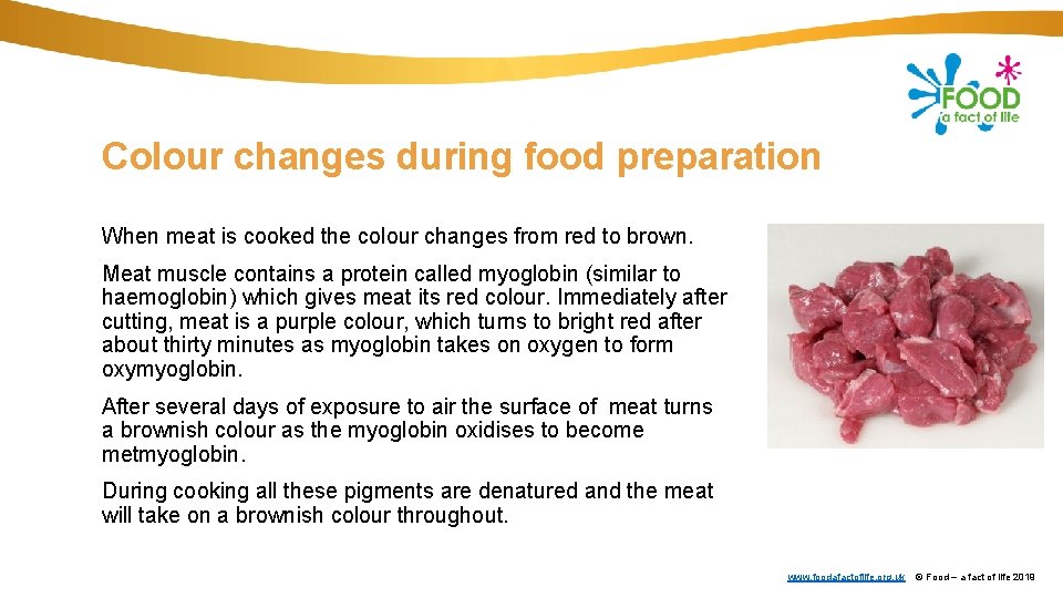 Colour changes during food preparation When meat is cooked the colour changes from red