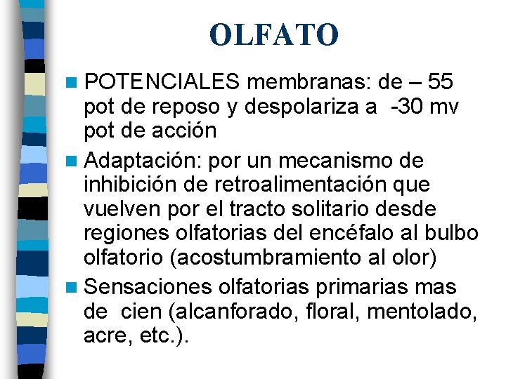 OLFATO n POTENCIALES membranas: de – 55 pot de reposo y despolariza a -30 OLFATO n POTENCIALES membranas: de – 55 pot de reposo y despolariza a -30