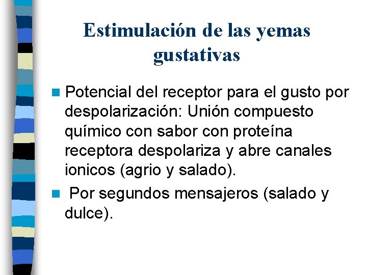 Estimulación de las yemas gustativas n Potencial del receptor para el gusto por despolarización: Estimulación de las yemas gustativas n Potencial del receptor para el gusto por despolarización: