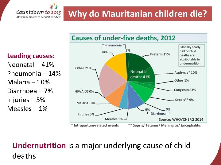 Why do Mauritanian children die? Leading causes: Neonatal – 41% Pneumonia – 14% Malaria