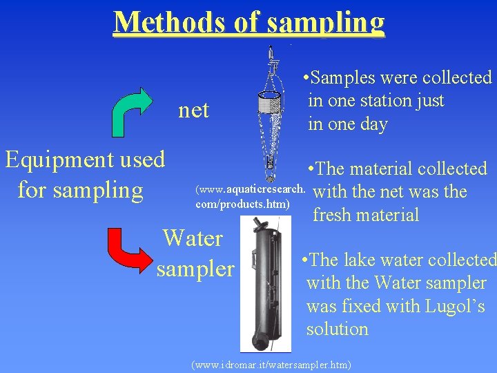 Methods of sampling net Equipment used for sampling • Samples were collected in one