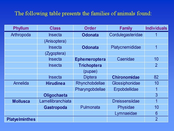 The following table presents the families of animals found: 