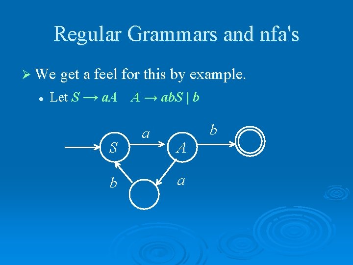 Regular Grammars and nfa's Ø We get a feel for this by example. l