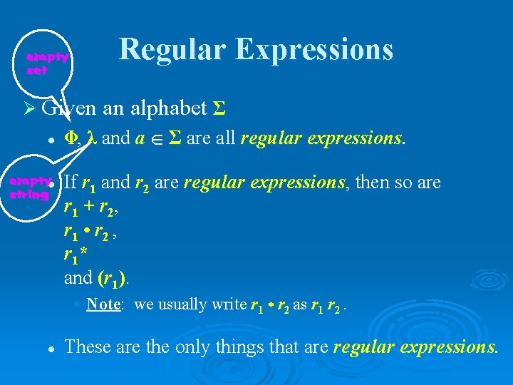 empty set Regular Expressions Ø Given an alphabet Σ l emptyl string , λ