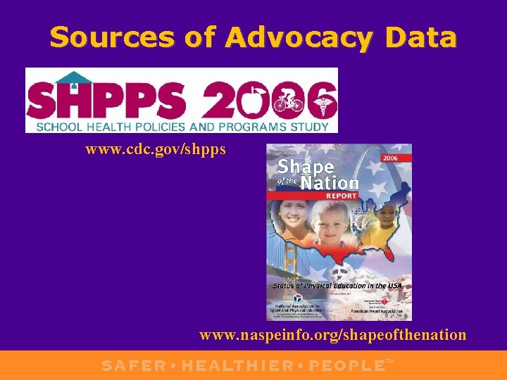 Sources of Advocacy Data www. cdc. gov/shpps www. naspeinfo. org/shapeofthenation 
