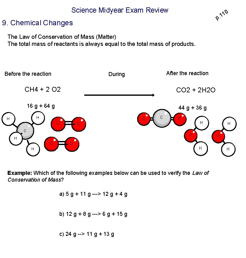 Science Midyear Exam Review 10 1. p 9. Chemical Changes The Law of Conservation