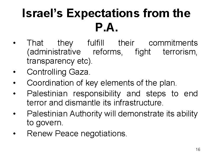 Israel’s Expectations from the P. A. • • • That they fulfill their commitments