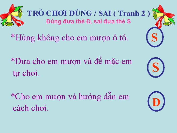 TRÒ CHƠI ĐÚNG / SAI ( Tranh 2 ) Đúng đưa thẻ Đ, sai