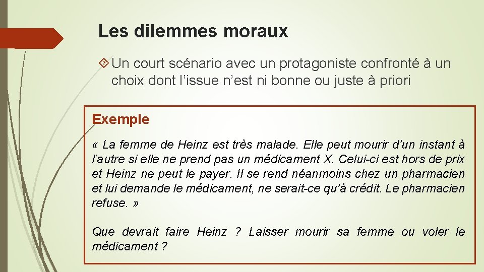 Les dilemmes moraux Un court scénario avec un protagoniste confronté à un choix dont